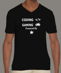 Coffee-Fueled Coding & Gaming T-Shirt - Power Up 3 Coffee Fueled Coding Gaming T Shirt Power Up S 38 V NECK BLACK 1