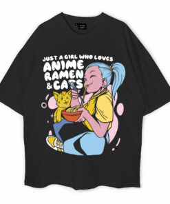Anime Girl And Cat Eating Ramen Oversized T-Shirt
