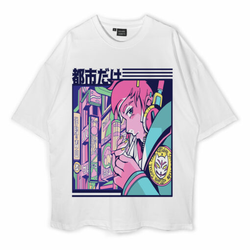 Anime Japanese City Girl Smoking Vaporwave Oversized T-Shirt