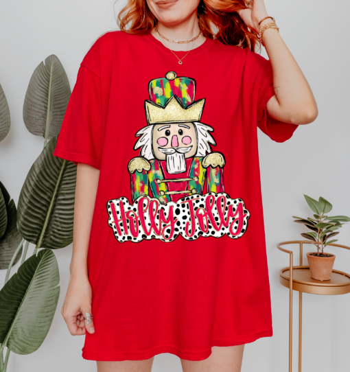 Bella Canvas or Comfort Colors Christmas Holly Jolly Nutcracker Tee Direct To Film Transfered Faux Glitter Tee