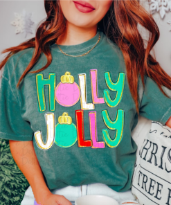 Bella Canvas or Comfort Colors Holly Jolly  Christmas Tee Direct To Film Transfered Faux Glitter Tee