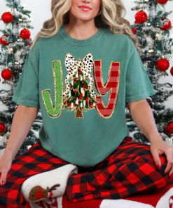 Bella Canvas or Comfort Colors Joy Christmas Tree Tee Direct To Film Transfered Faux Glitter Tee