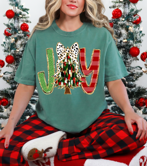 Bella Canvas or Comfort Colors Joy Christmas Tree Tee Direct To Film Transfered Faux Glitter Tee