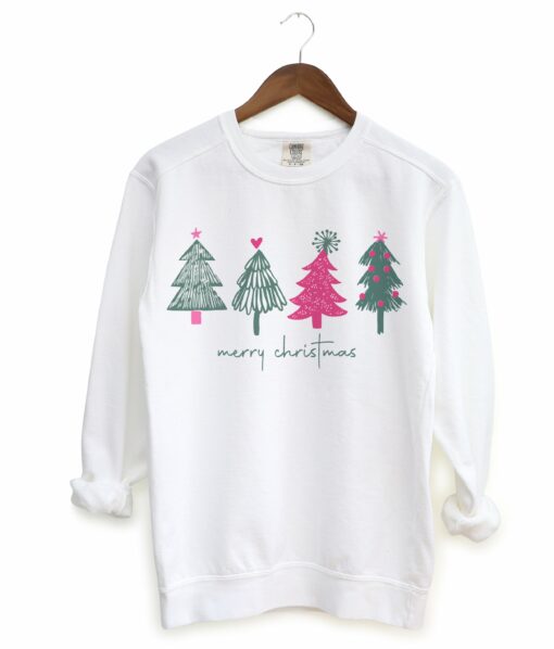 Bella, Comfort Colors, or Gildan Merry Christmas Sweatshirt Pink Trees