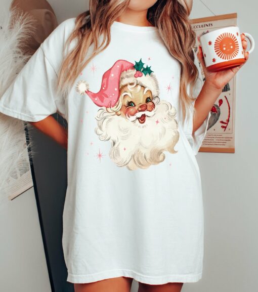 Bella or  Comfort Colors Christmas Pink Santa Tee Retro Santa Shirt