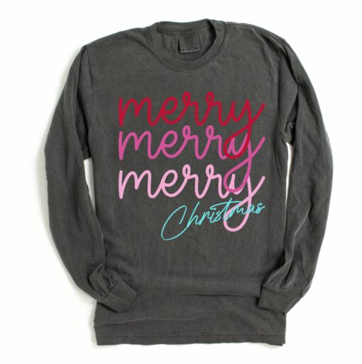 Bella or Comfort Colors Long Sleeve Merry Merry Merry Christmas Tee