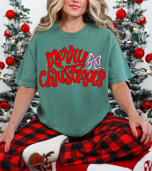 Bella or Comfort Colors Merry Christmas Bow Glitter Tee