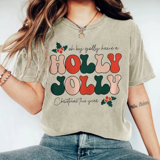 Bella or Comfort Colors Oh By Golly, Holly Jolly Christmas Tee Super Cute Christmas Shirt