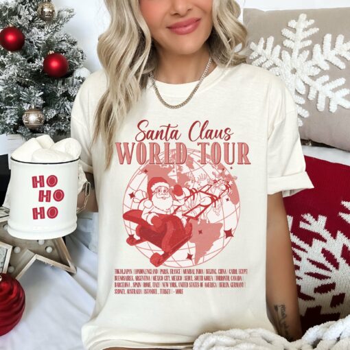 Bella or Comfort Colors Santas World Tour Ivory Dust Tee Super Cute Christmas Shirt