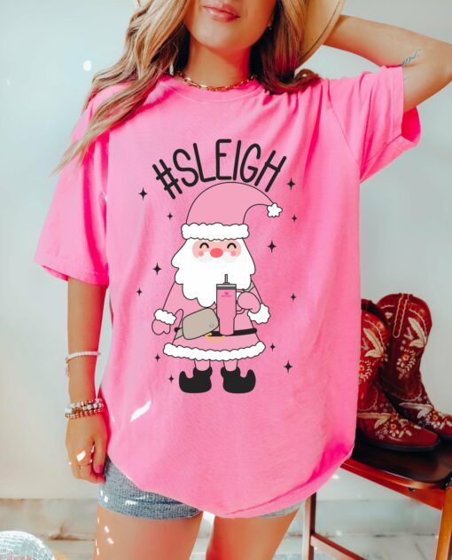 Bella or Comfort Colors Short Sleeved Pink Sleigh Santa Stanley Bumbag Tee