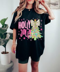 Black Bella Canvas or Comfort Colors Holly Jolly Christmas Tree Tee Direct To Film Transferred Faux Glitter Tee