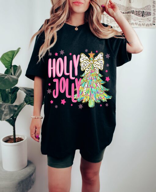 Black Bella Canvas or Comfort Colors Holly Jolly Christmas Tree Tee Direct To Film Transferred Faux Glitter Tee