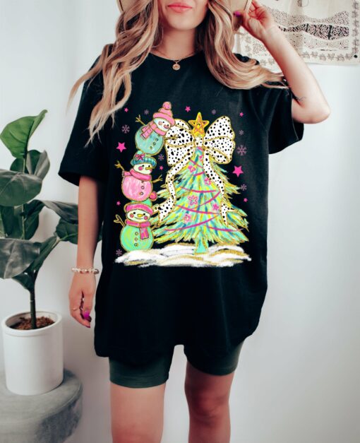 Black Bella Canvas or Comfort Colors Stacked Snowmen Christmas Tree Tee