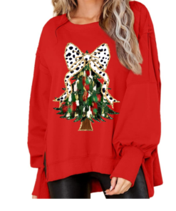 Boutique Balloon Sleeve Red Christmas Tree Sweater