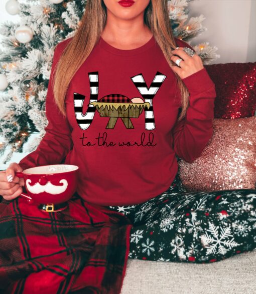 Cardinal Red Joy To The World Christmas Long Sleeve Bella Tee   Adult Christmas T-Shirt