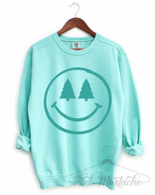 Comfort Colors Chalky Mint Christmas Sweatshirt – Unisex Sweatshirt-Trees Smiley Santa