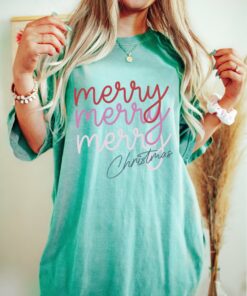 Comfort Colors Chalky Mint Merry Merry Merry Christmas Shirt