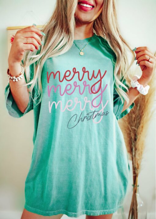 Comfort Colors Chalky Mint Merry Merry Merry Christmas Shirt