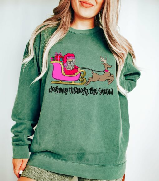 Comfort Colors Dashing Through The Snow Christmas Sweatshirt Direct To Film Transferred Faux Glitter Sweatshirt