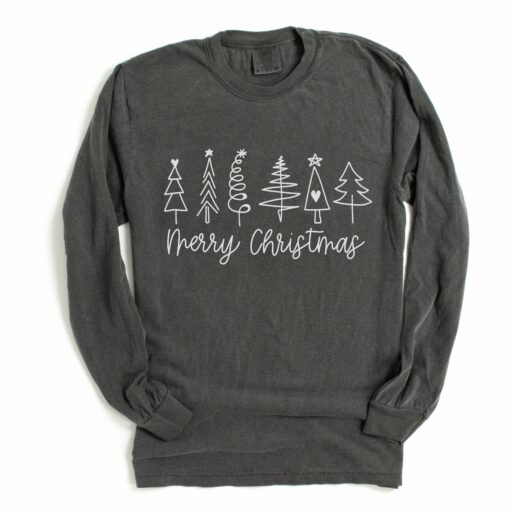 Comfort Colors Long Sleeved Pepper Merry Christmas Trees Tee