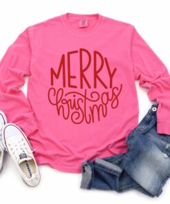 Comfort Colors Long Sleeved Pink Merry Christmas Tee