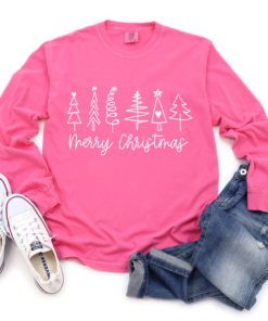 Comfort Colors Long Sleeved Pink Merry Christmas Trees Tee