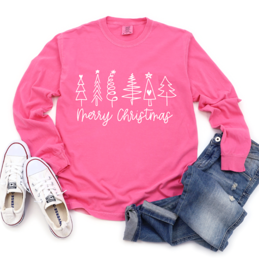 Comfort Colors Long Sleeved Pink Merry Christmas Trees Tee