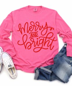 Comfort Colors Long Sleeved Pink Merry and Bright Tee