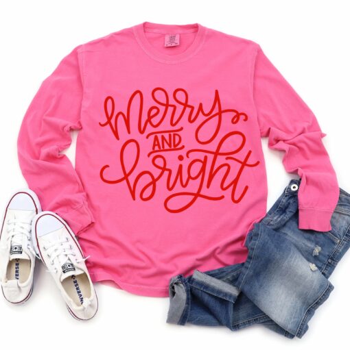 Comfort Colors Long Sleeved Pink Merry and Bright Tee