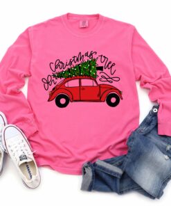 Comfort Colors Long Sleeved Pink Oh Christmas Tree Bug Car Tee