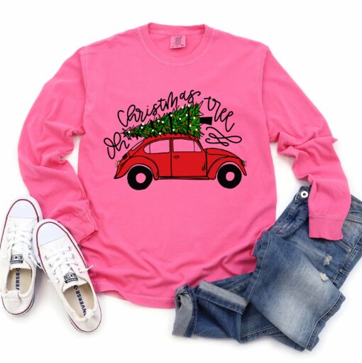 Comfort Colors Long Sleeved Pink Oh Christmas Tree Bug Car Tee