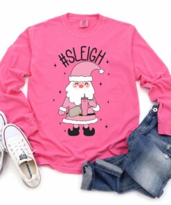 Comfort Colors Long Sleeved Pink Sleigh Santa Stanley Bumbag Tee