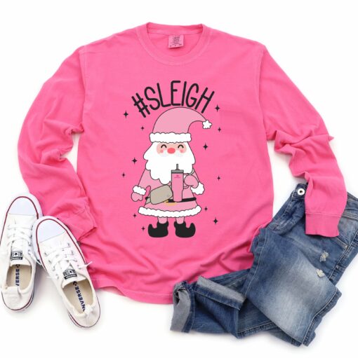 Comfort Colors Long Sleeved Pink Sleigh Santa Stanley Bumbag Tee