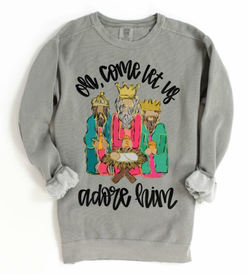 Comfort Colors Oh Come Let Us Adore Him Three Wise Men Christmas Sweatshirt Direct To Film Transfered Faux Glitter Sweatshirt