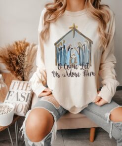 Comfort Colors or Bella Canvas Nativity Watercolor O Come Let Us Adore Him Long Sleeved Bella Canvas T-Shirt  Nativity Christmas Tees  Christmas T-Shirt