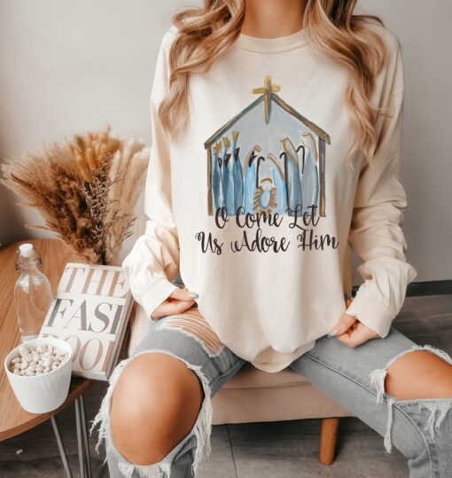 Comfort Colors or Bella Canvas Nativity Watercolor O Come Let Us Adore Him Long Sleeved Bella Canvas T-Shirt  Nativity Christmas Tees  Christmas T-Shirt