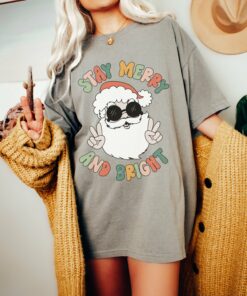 Comfort Colors or Bella Stay Merry and Bright Hippie Peace Santa Shirt Unisex Funny Christmas Shirt