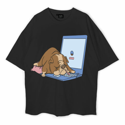 Computer Bulldog Sleeping Dog Oversized T-Shirt