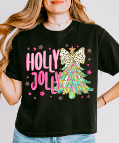Cropped Comfort Colors Holly Jolly Christmas Tree Tee Direct To Film Transferred Faux Glitter Tee