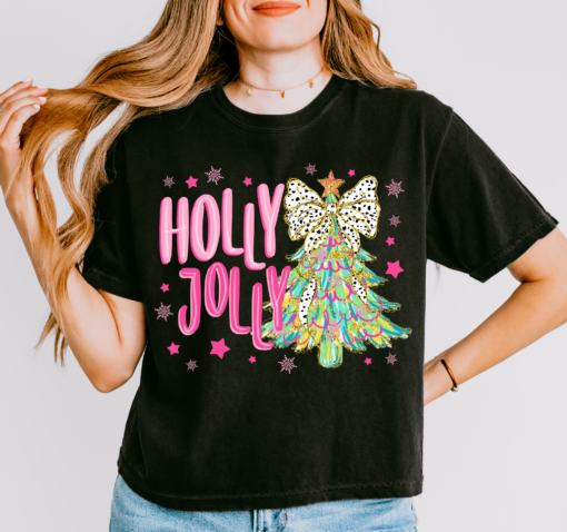 Cropped Comfort Colors Holly Jolly Christmas Tree Tee Direct To Film Transferred Faux Glitter Tee