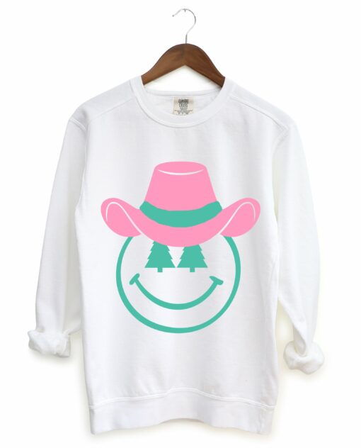 Gildan, Bella, or  Comfort Colors Christmas Sweatshirt – Unisex Sweatshirt- Cowboy Smiley Santa