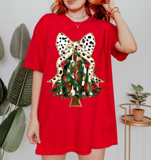 Gildan Softstyle or Comfort Colors Christmas Brush Strokes Tree Tee Direct To Film Transfered Faux Glitter Tee