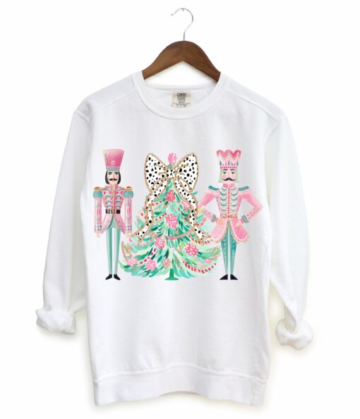 Gildan or Bella Christmas Brush Strokes Tree Nutcracker Sweatshirt Direct To Film Transfered Faux Glitter Sweatshirt