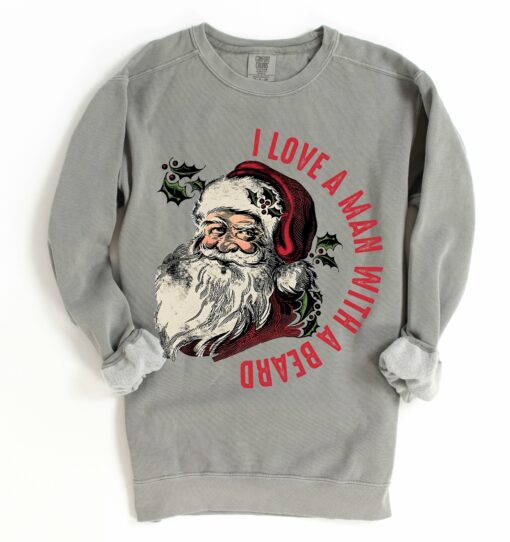 Gray Comfort Colors I Love A Man With A Beard Santa Christmas Sweatshirt