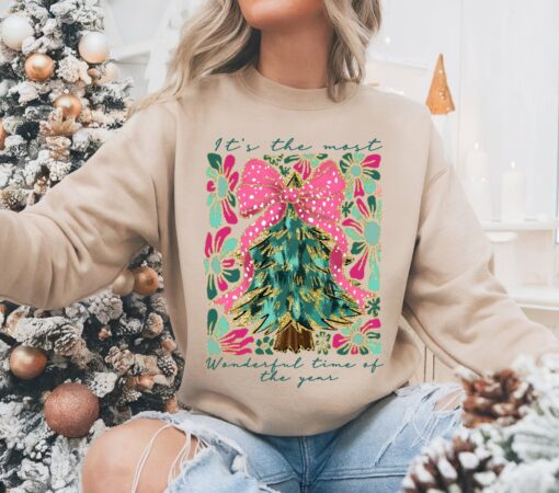 It’s The Most Wonderful Time Of The Year Gildan or Bella Christmas Sweatshirt Direct To Film Transfered Faux Glitter Sweatshirt