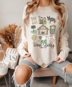 Ivory Long Sleeve Comfort Colors True Story Nativity Christmas Tee