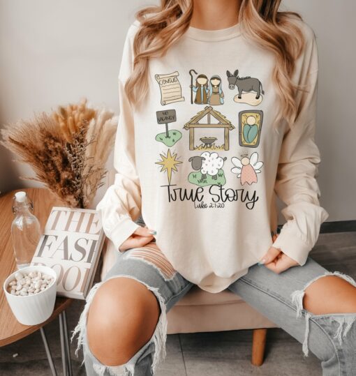 Ivory Long Sleeve Comfort Colors True Story Nativity Christmas Tee