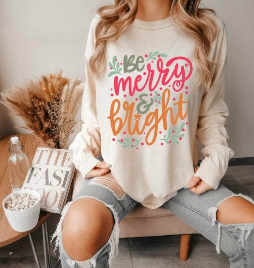 Ivory Long or Short Sleeve Be Merry and Bright Tee Super Cute Christmas Shirt Bella Canvas