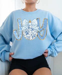 Light Blue Grand Millennial Joy Christmas Faux Glitter Sweatshirt