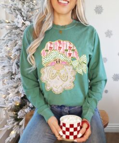 Long Sleeve Bella or Comfort Colors Merry Christmas Santa Faux Glitter Tee